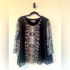 TanJay Black and White Patterned Blouse. Soft Tshirt with Sheer Cover Size 16P